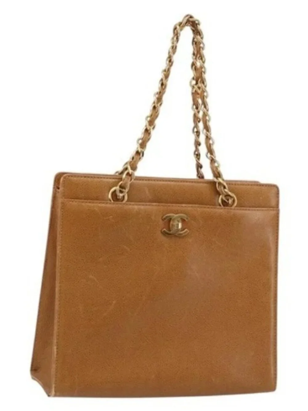 CHANEL Chain Tote Bag Grained Calf Skin Gold Brown CC Auth gh1738